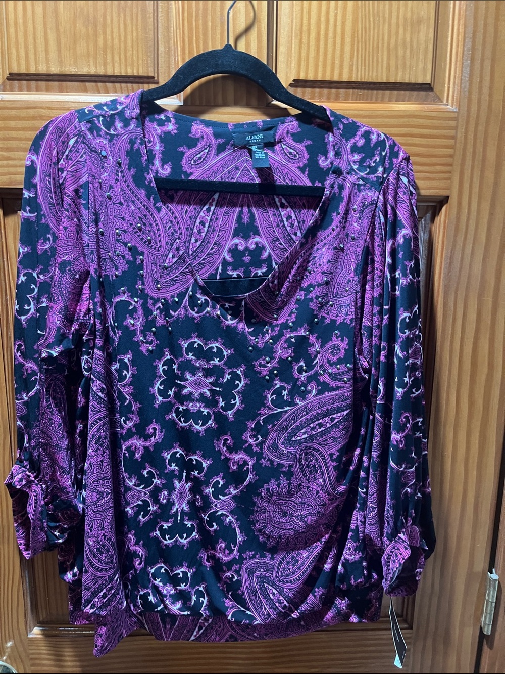 Alfani Black and Purple Paisley V-Neck Blouse